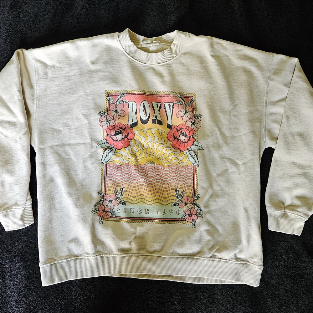 Roxy Cream Sweatshirt with Pink Floral & Yellow Sun Graphic